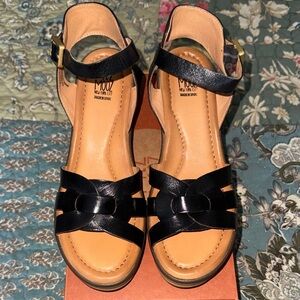 Miz Mooz Black Leather Ankle-Strap Sandals with Braided Front